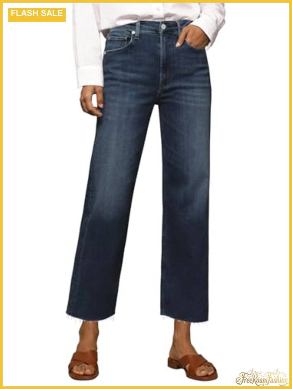 Women's High Waisted Straight Leg Jeans with Raw Hem, Stretchy Denim